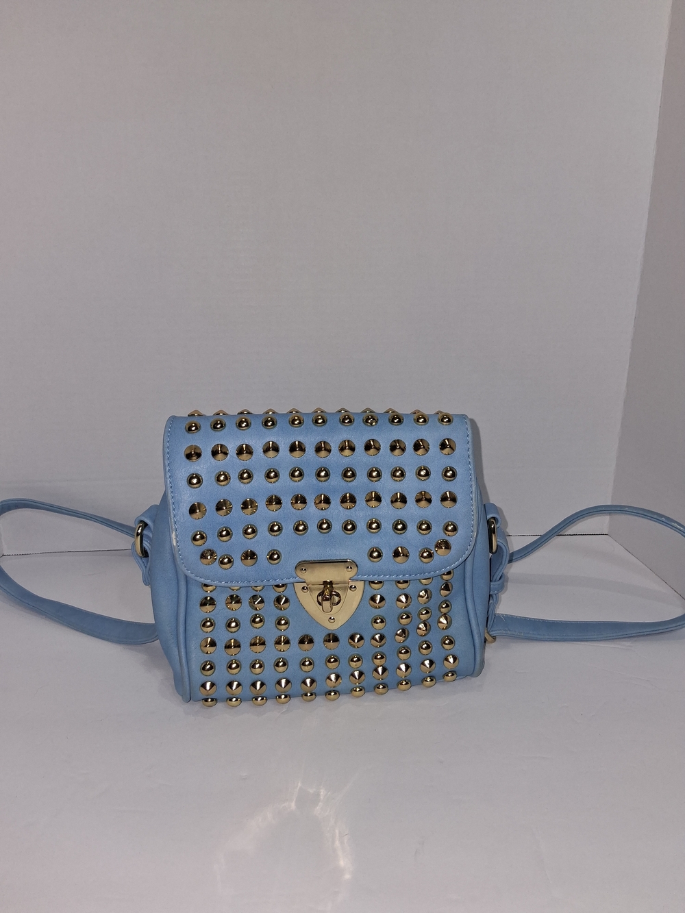 Studded Light Blue Crossbody Bag with Gold Tone Hardware